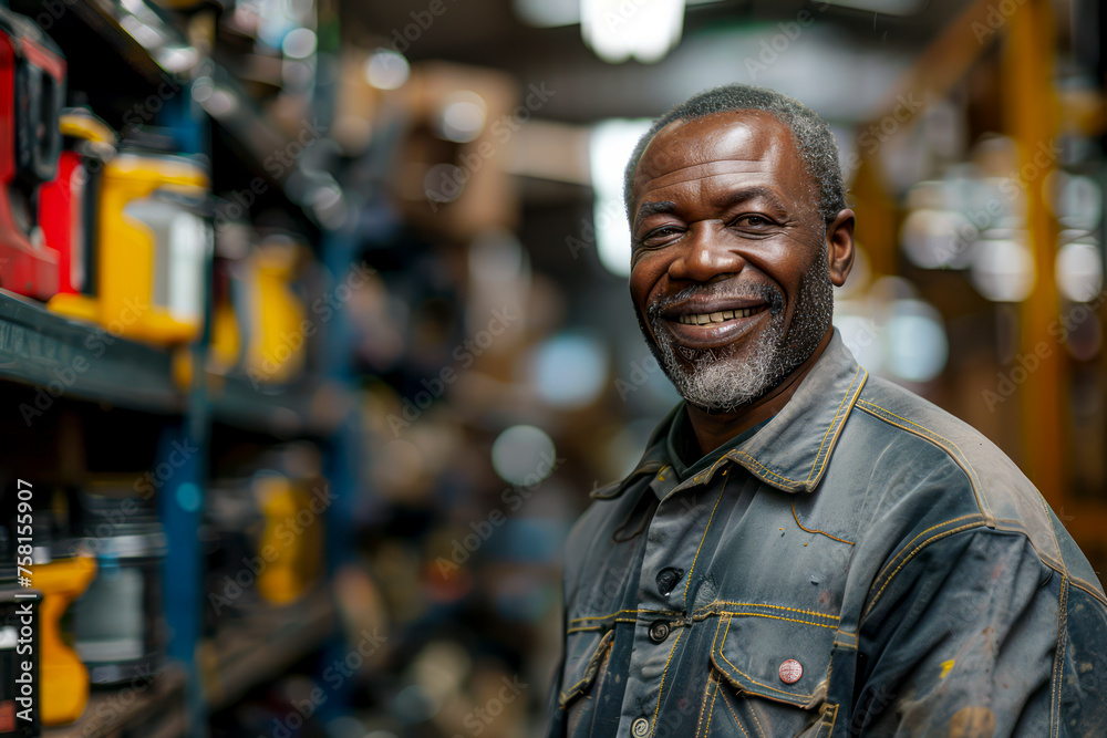 Cheerful African man browsing tools in hardware store with a smile and a laugh
