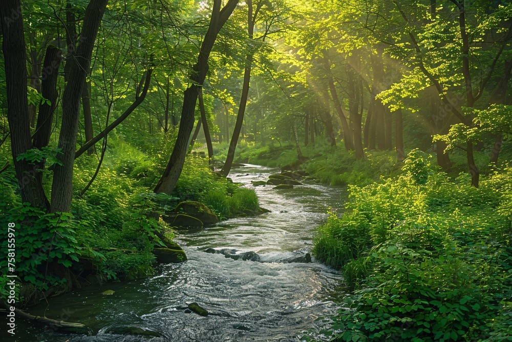 A serene view of a meandering river flowing gently through a lush green forest, framed by towering trees and bathed in dappled sunlight A serene view of a meandering river flowing gently through a lush green forest, framed by towering trees and bathed in dappled sunlight