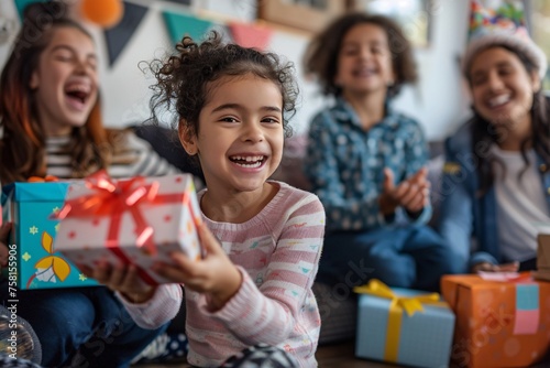 Smiling young girl opening her birthday presents with excitement  while her friends gather around her