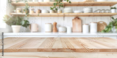 Empty beautiful wood table top counter and blur bokeh modern kitchen interior background in clean and bright,Banner, Ready for product montage   © Planetz