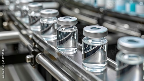 Pharmaceutical manufacturing background with glass bottles on automated conveyor in factory