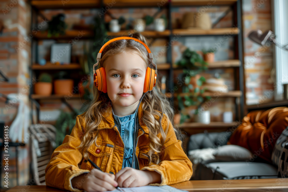 Young Caucasian girl studying at home with headphones on Young Caucasian girl studying at home with headphones on