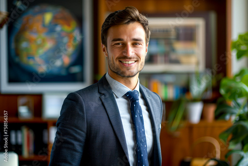 Successful businessman exuding confidence and charm in professional office portrait
