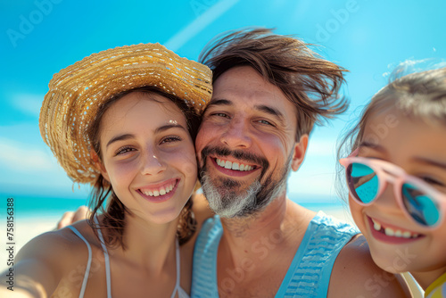 Joyful family capturing memories on the beach: A fun day in the sun together!