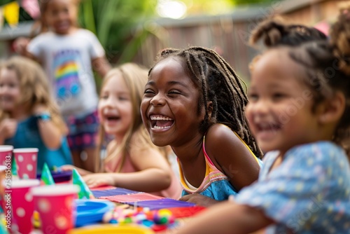 A diverse group of children laughing and playing games at a birthday party in a vibrant backyard setting