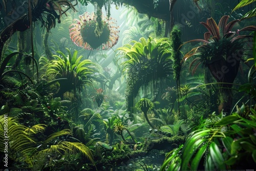 A deep jungle where plants and animals have evolved together into fantastical symbiotic creatures © AI Farm