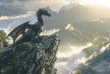 A mysterious dragon perched atop a rugged mountain overlooking a misty valley at dawn