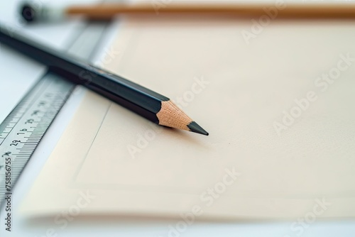 A minimalist scene of a pencil and ruler aligned on a blank sheet of paper ready for creation