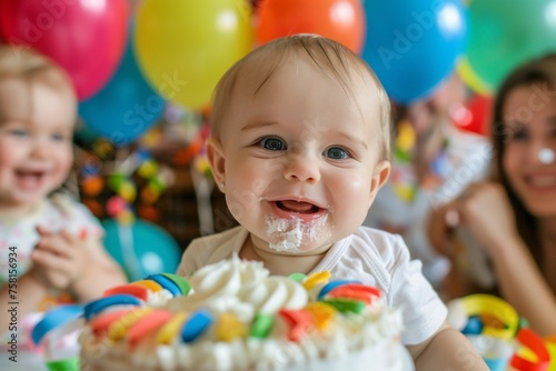 Detailed shot focusing on the twinkling eyes and toothless grin of a baby as they enjoy their first taste of birthday cake, surrounded by loving family members and friends