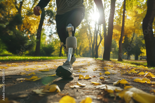 A man with a prosthetic leg on a morning jog in the park