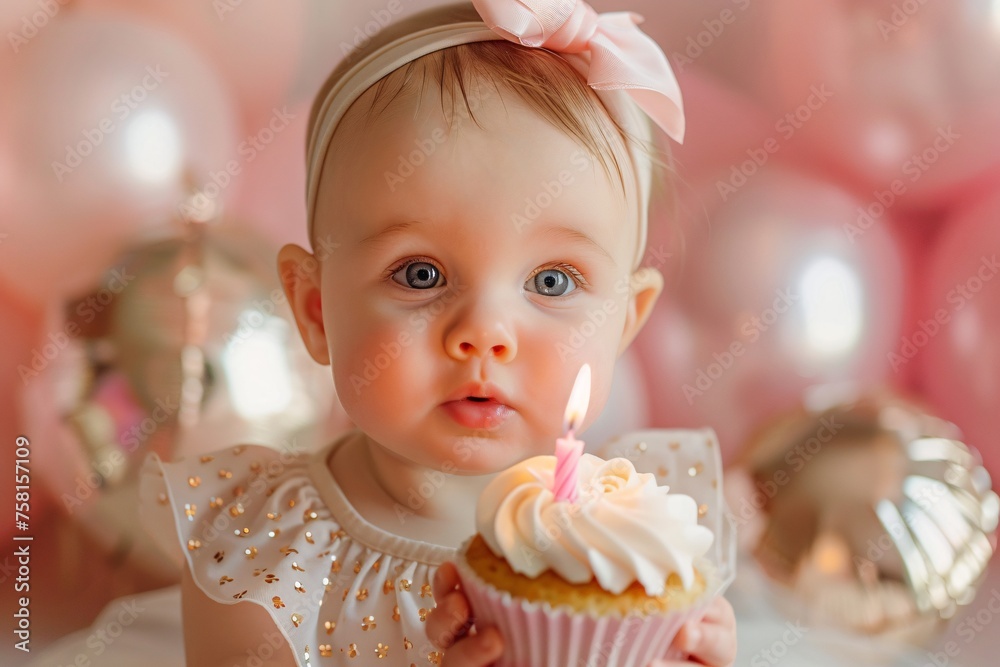 Baby girl as she blows out the candle on her first birthday cupcake Baby girl as she blows out the candle on her first birthday cupcake