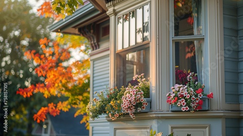 A detailed shot capturing the elegant bay window adorned with colorful flower boxes of a charming Victorian-era home, illuminated by the soft glow of a setting sun in the early autumn evening © Maelgoa