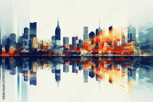 A city skyline with a reflection of the buildings in the water. The reflection is distorted and blurry  giving the image a dreamy  surreal quality