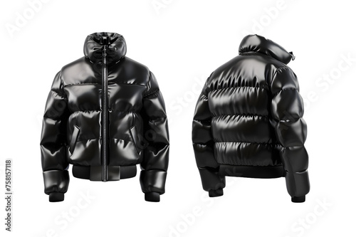 Front and back view of a faux leather puffer jacket template. Modern and edgy, with a glossy finish for a streetwise look, mockups for design and print, isolated on a white or transparent background. photo