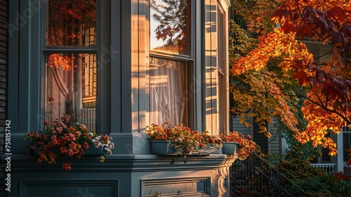 Detailed shot capturing the elegant bay window adorned with colorful flower boxes of a charming Victorian-era home, illuminated by the soft glow of a setting sun in the early autumn evening