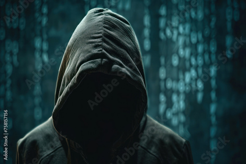 Anonymous binary code hacker under the jacket hood. photo