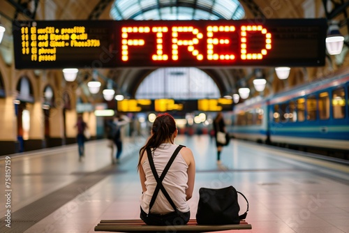 Despondent woman sitting on a bench in a train station, with the word "FIRED" displayed on the arrivals board overhead