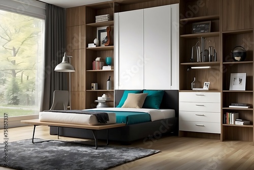 Interior of modern bedroom with white walls, wooden floor, comfortable king size bed