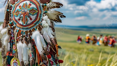Close-up view of the intricate beadwork and vibrant textiles of a traditional Native American powwow regalia, adorned with colorful feathers and intricate beadwork