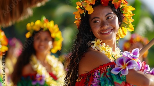A close-up view of the graceful movements and vibrant costumes of traditional Hawaiian hula dancers, swaying to the rhythm of drums and ukuleles