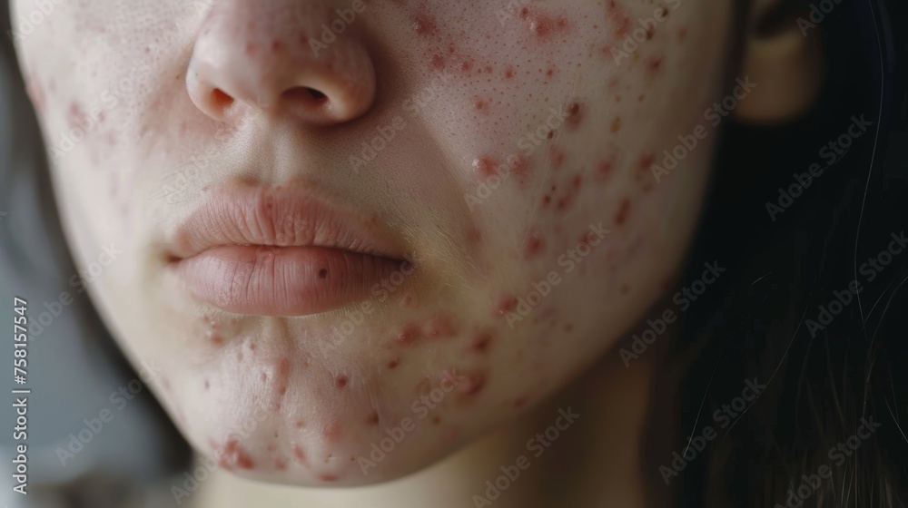 Fototapeta premium acne on woman face with rash skin, scar, and red skin syndrome allergic to cosmetics, use steroids, dermatology, inflammation, infection, hygiene