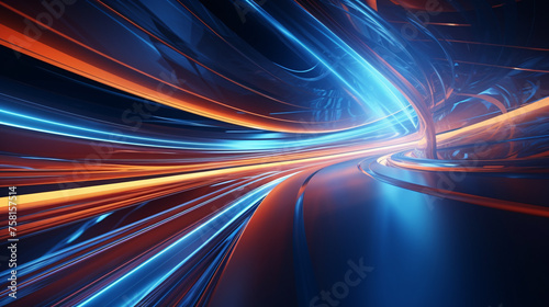 A colorful, abstract image of a road with a blue and orange line. The image has a futuristic, sci-fi vibe to it