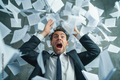 Businessman panicking on the background of flying sheets of documents