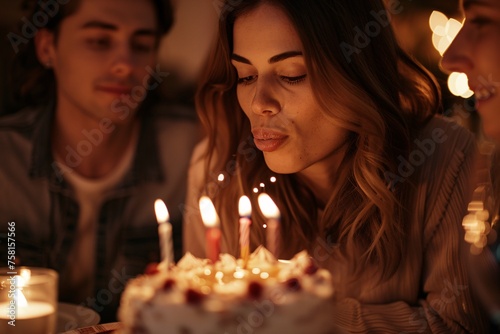 A close-up of a woman blowing out candles on a birthday cake surrounded by her friends at a cozy dinner party, with warm candlelight casting a soft glow on their faces