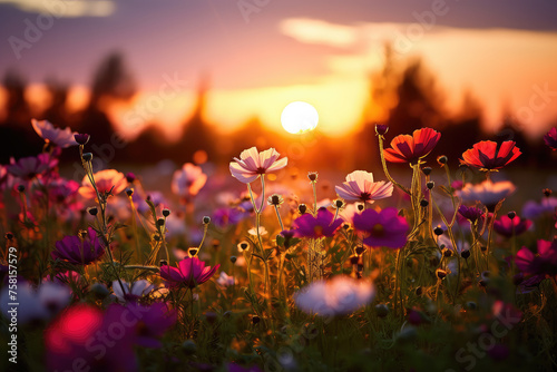 A field of flowers with a sun in the background. The sun is setting and the flowers are in full bloom