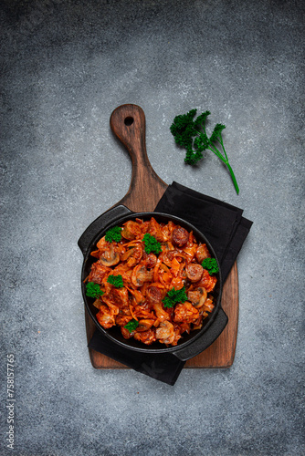 Bigos, bigus is a national Polish dish, made of cabbage and meat, stewed, homemade, no people, photo