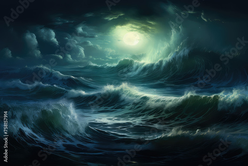 A painting of a stormy ocean with a full moon in the sky. The mood of the painting is intense and dramatic, with the waves crashing and the moon shining brightly in the background