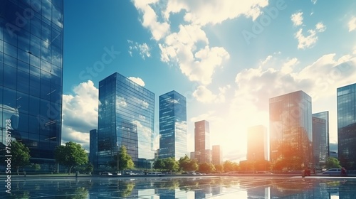 Modern office building or business center. High-rise window buildings made of glass reflect the clouds and the sunlight. empty street outside  wall modernity civilization. growing up business