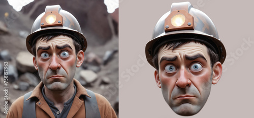 portrait of a sad cartoon male miner wearing a hard hat photo