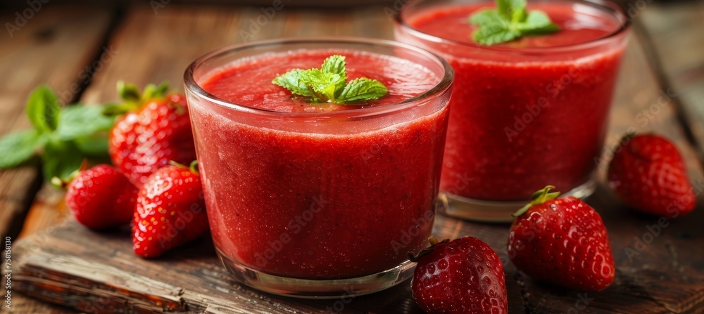 Selective focus on refreshing strawberry smoothie for detox diet healthy vegetarian eating concept Selective focus on refreshing strawberry smoothie for detox diet healthy vegetarian eating concept