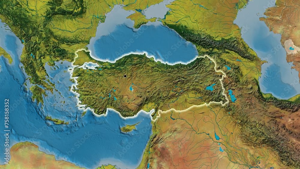 Shape of Turkiye. Glowed. Topographic.