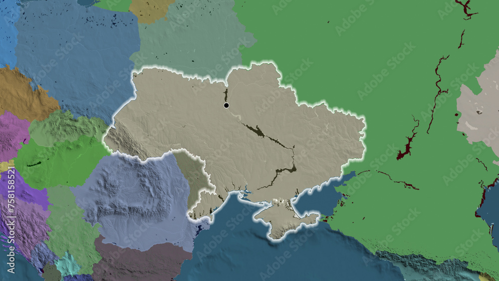 Shape of Ukraine. Glowed. Administrative.