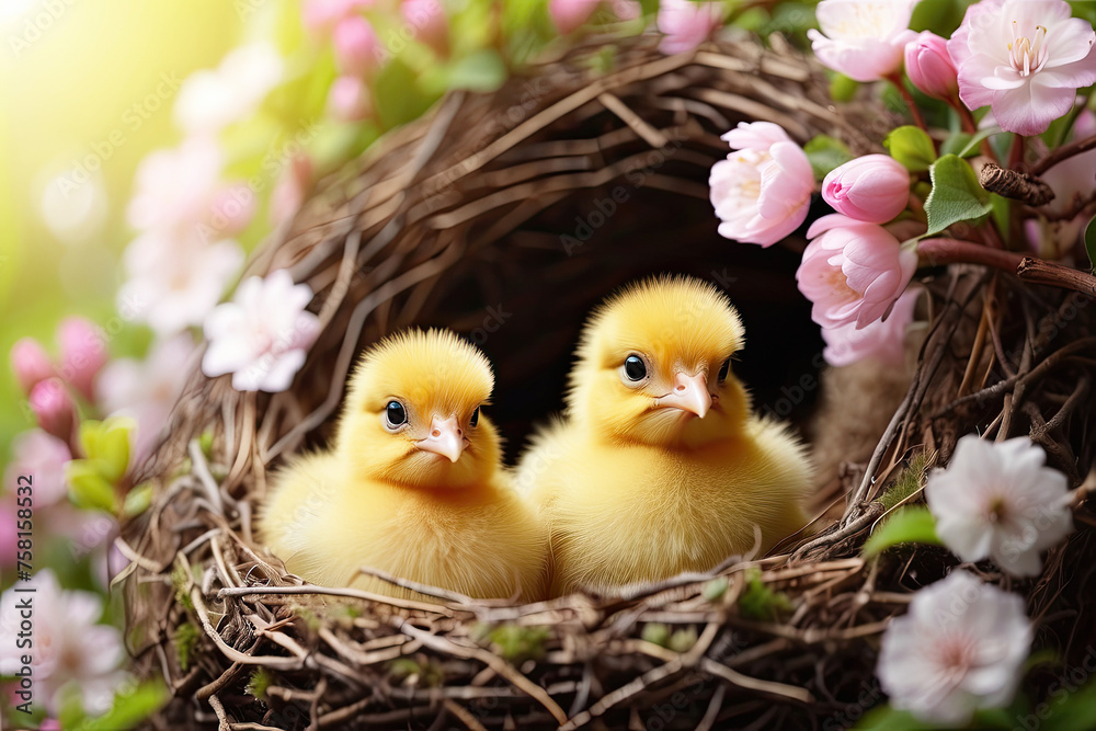 Cute fluffy yellow chicks in a spring blooming nest of twigs and flowers in nature. Spring card, spring time, children, childhood. 
