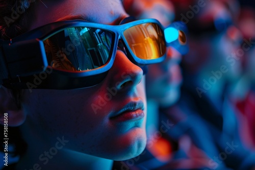 Close-up of a boy with 3D glasses, fully immersed in the action-packed scenes of a blockbuster