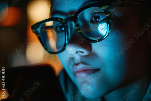 Close-up of an asian woman face, illuminated by the light from their phone screen, as they check movie showtimes photo