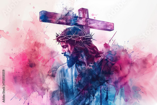 Jesus Christ Carrying the Cross pink watercolor