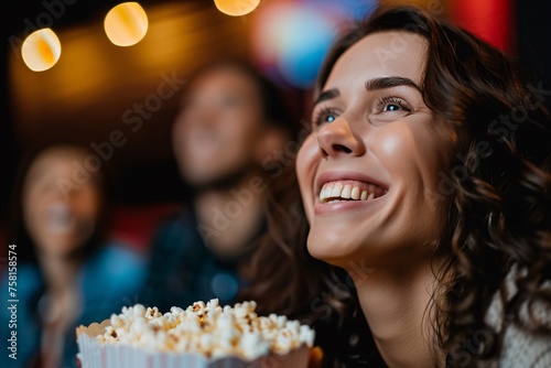 Close-up of a person smiling at the cinema  popcorn in hand  surrounded by the anticipation of a blockbuster movie night