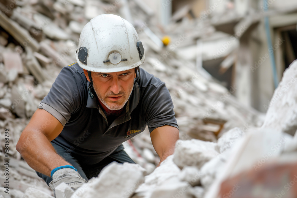 Rescue service man in helmet clears rubble of house after natural disaster Rescue service man in helmet clears rubble of house after natural disaster