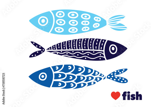 Cute retro colorful cartoon illustration with fish on white background. Home decor.Vector illustration set.