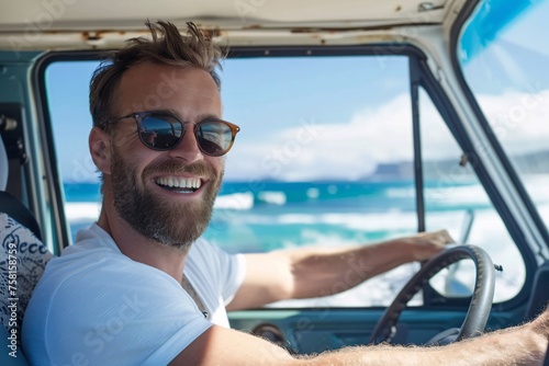 An adult traveler smiling as they drive towards the coast for a beach vacation, with clear skies and sparkling ocean waves in the background