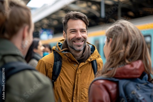 An adult man with an enthusiastic grin, chatting animatedly with station staff as he inquires about his train departure time