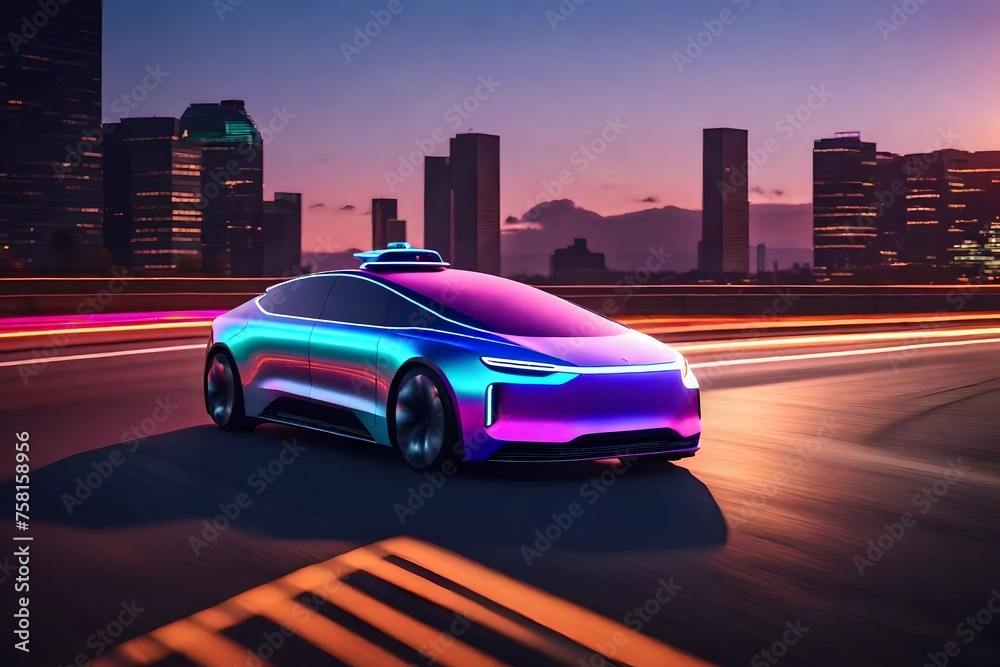 A futuristic self-driving car cruising along a highway at sunset, with a colorful sky and city skyline in the distance, showcasing the cutting-edge technology of modern vehicles.