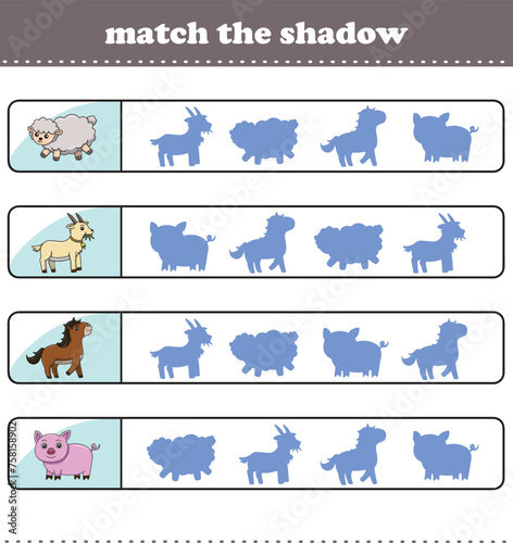 Find the correct shadow. Worksheet with cute wild animals. Education game for children.
