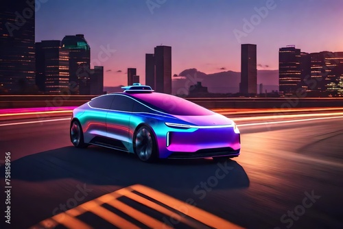 A futuristic self-driving car cruising along a highway at sunset, with a colorful sky and city skyline in the distance, showcasing the cutting-edge technology of modern vehicles.