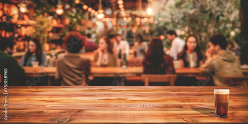 Empty wood table top with blurred background of people sitting in a coffee shop, fast food restaurant or pub for product display montage. Concept for advertising design, layout presentation.banner © Planetz