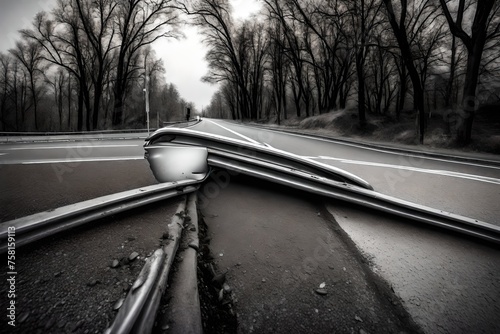 An image capturing the contrast between the untouched guardrail and the deformed car door, showcasing the impact's direction and force.